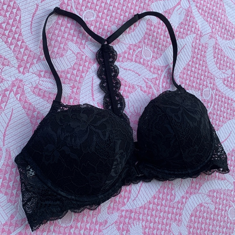 GREAT to EUC PINK DATE RACERBACK PUSH-UP FRONT CLOSE BRA IN BLACK LACE- POPULAR